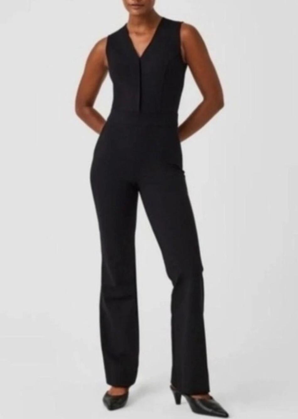 Spanx Perfect Jumpsuit Black V-Neck Flare Leg Ponte Sleeveless Size Large Tall